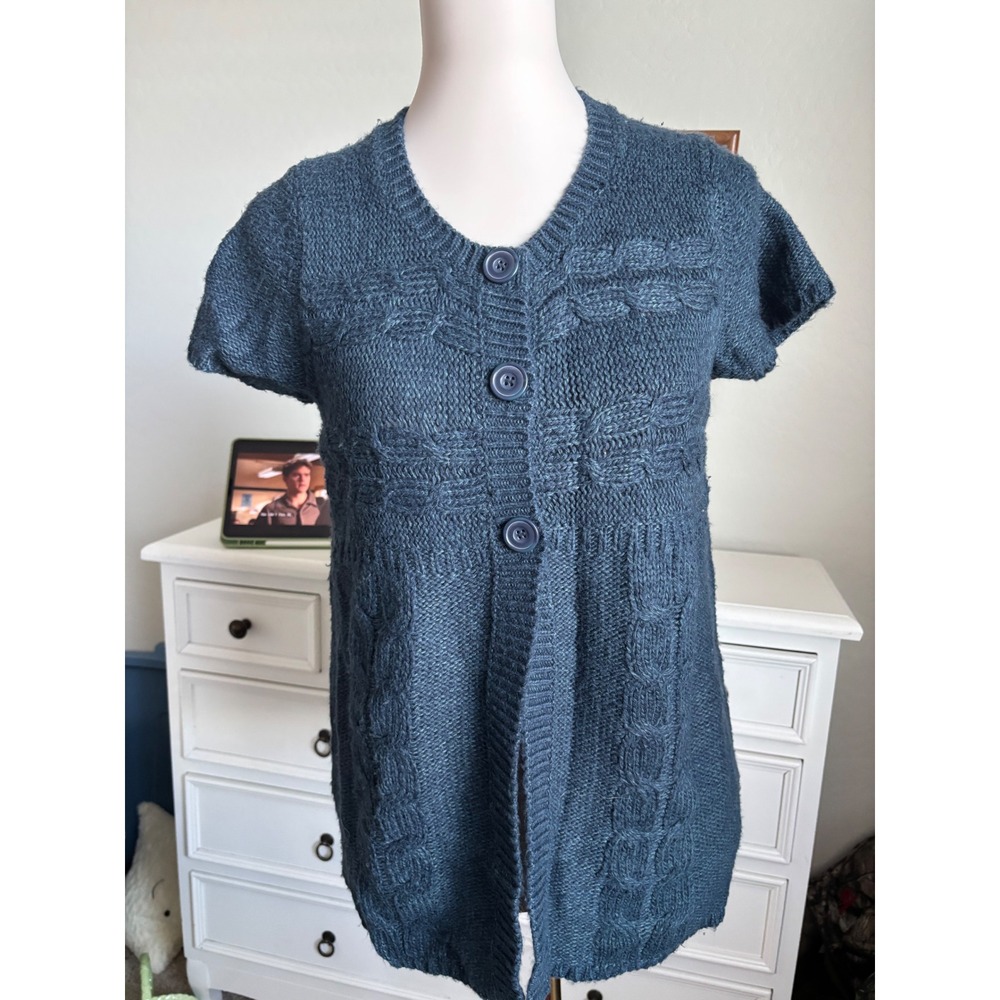 Vintage Faded Glory Cardigan Sweater Short Sleeve Cable Knit Blue Teal Top Small